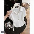 Summer Korean Elegant Short Sleeve Lapel Collar Drawstring Waist-Tie Shirt