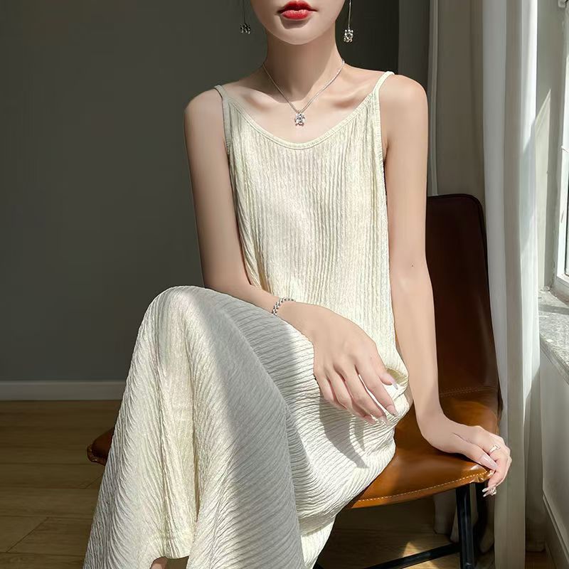 French Pleated Camisole Long Dress, Drape Lazy Style