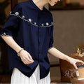 Women's Summer Korean Youthful Embroidered Short Sleeve Loose Cardigan + Shirt 2026 - Blue