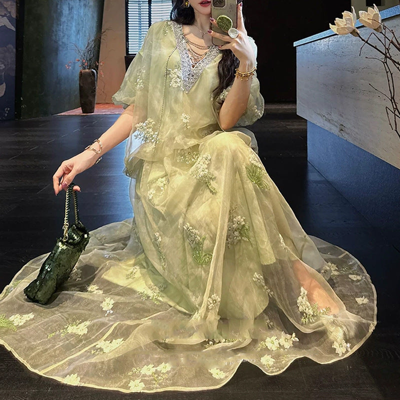 New Chinese Style Beaded Gold-Woven Mesh Long Dress, Summer New