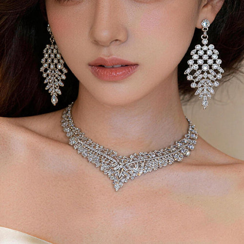Eden Piece Light Heavy-Duty Crystal Geometric Leaves Jewelry Set Wedding Banquet Necklace Light Luxury Niche Necklace Women