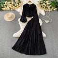 Fall Gentle Lantern Sleeve Crew Neck High Waist Fitted Shirt + Skirt Set