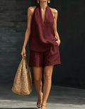 Summer Old Money Relaxed Linen Short Sleeve V-Neck Loose Wide Leg Pants + Top 2-Piece Set