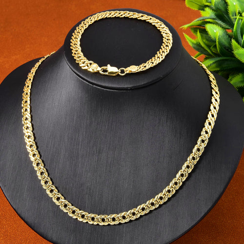 Cross-Border Supply Trendy Bracelet Necklace Gold Plated Accessory 2-Button Cuban Chain Piece Bold Hand Jewelry Set