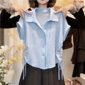Summer Korean Elegant Short Sleeve Lapel Collar Drawstring Waist-Tie Shirt