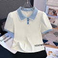 Plus Size Structured Shoulder T-Shirt - Doll Collar Faux Two-Piece Top Women