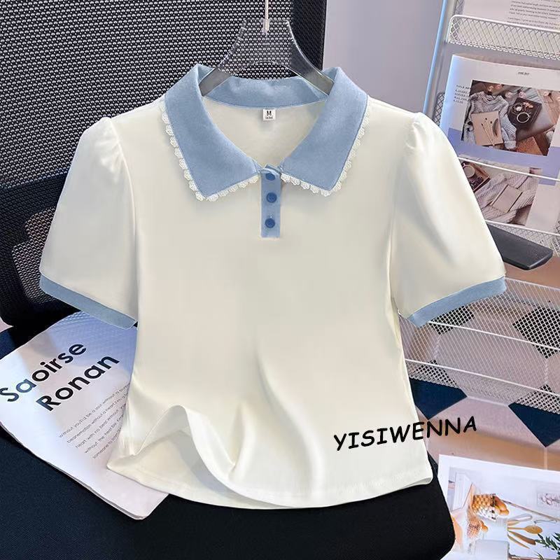Plus Size Structured Shoulder T-Shirt - Doll Collar Faux Two-Piece Top Women