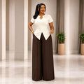 Summer Office Casual Short Sleeve Fitted Wide Leg Pants + Top Set