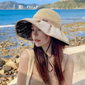新款夏季百搭户外遮阳帽大帽檐渔夫帽便携防晒太阳帽蝴蝶结女士帽