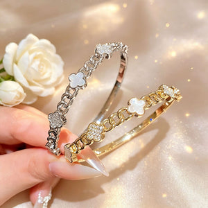 18K Gold Plated 4th Petal Flower Cubic Zirconia Bangle Light Luxury Premium Influencer Hand Jewelry Lucky Flower Mother of Pearl Bracelet Jewelry
