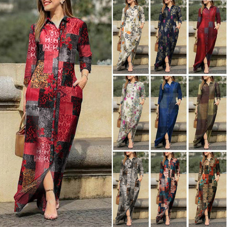 Women's Casual Lapel Collar Printed Floral Long Dress + Shirt + Skirt 2026 - Blue