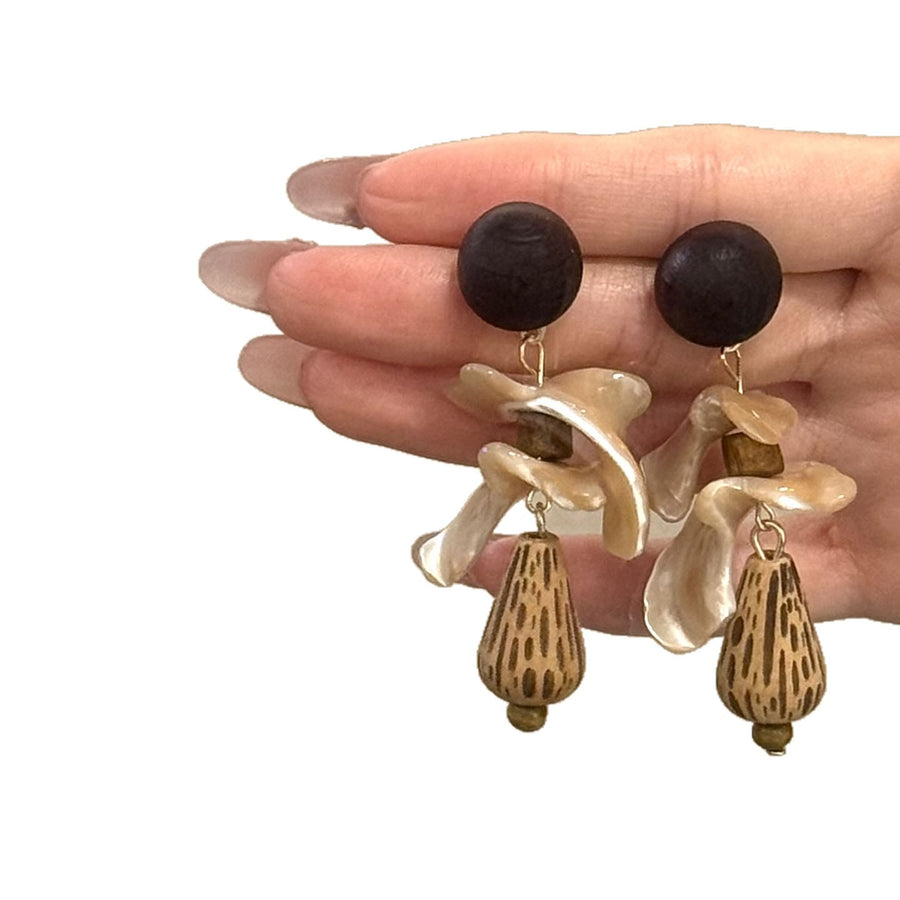 Chinese-Style Wood and Shell Teardrop Stud Earrings - view 5