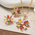 New Import Korean Influencer Live Bestseller Copper Set Colorful Cubic Zirconia Flower Pendant Necklace Fashionable OL Set