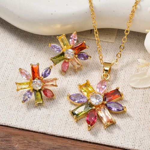 New Import Korean Influencer Live Bestseller Copper Set Colorful Cubic Zirconia Flower Pendant Necklace Fashionable OL Set