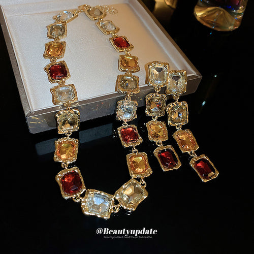 Western Statement Rhinestone Square Stud Earring Necklace Set Niche Design Detail Clavicle Chain Exquisite Fashionable Simple Elegant Necklace