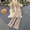 Retro Slimming Plus Size Knit Striped Loose Color-Block Wide Leg Pants + Cardigan Set
