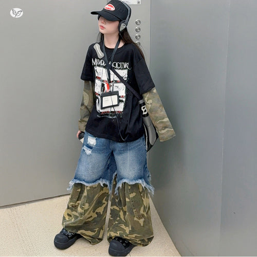Girls' Faux Layered Camo Tee Wide-Leg Pants Street Set