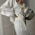 Women's Summer New Chinese Satin Stand Collar Frog Button Shirt + Pants 2-Piece Set 2 - White