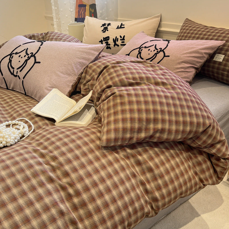 Plaid Yarn-Dyed Cotton 4-Piece Bedding Set with Towel Embroidery - view 2