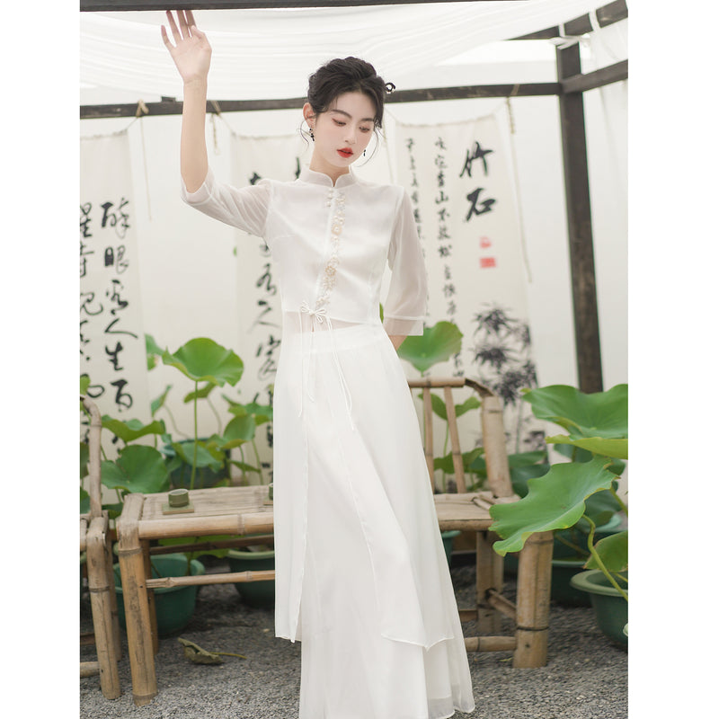 Women's New Chinese Qipao Dress + Dress Set 2026 | Elegant Summer Dress - White