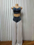 New Best-Selling V-Neck Camisole Top + Pleated Denim-Chiffon Wide Leg Pants Set