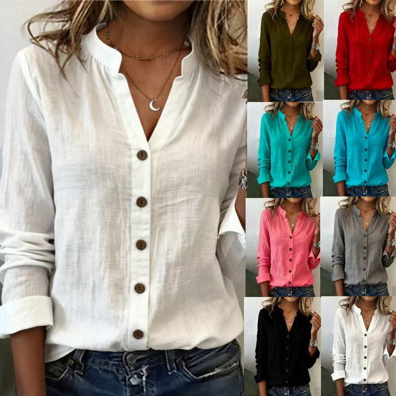 Spring-Summer Office Casual Long Sleeve V-Neck Shirt