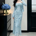 French Butterfly Print Mesh Fitted Long Dress
