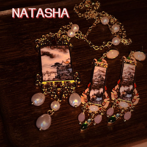 Cyan Island vintage Chinese Mountain Water Series Drop Necklace Set Light Luxury Premium Earrings Pearl Accessory