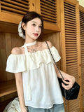 Summer Korean Elegant Off-Shoulder Boat Neck Ruffle Shirt