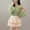 Women's Korean Fashion Long Sleeve Drawstring Knit Top + Tank Top + Camisole 2-Piece - White