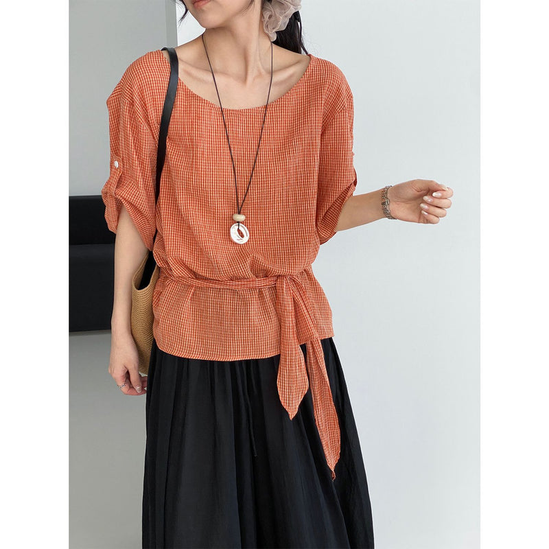 Summer Korean Casual Tie-Front Waist-Tie Plaid Shirt