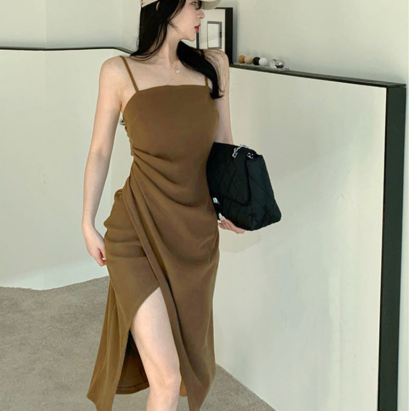 Two-Tone Pleated Camisole Slit Dress, Mature Elegant