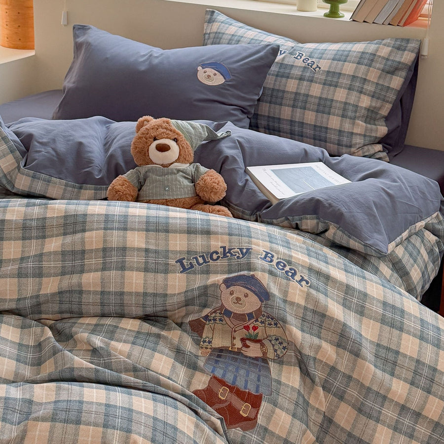 Reading Bear Plaid Embroidered Cotton 4-Piece Bedding Set - view 2