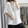 Summer Korean Casual Plus Size Linen Cotton V-Neck Loose Shirt