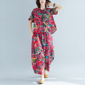 Women's Summer Ethnic Fashion Plus Size Short Sleeve Printed Loose Harem Pants 2-Piec - Rose Red