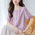 Summer Korean Fashion Short Sleeve Crew Neck Patchwork Lace Trim Shirt