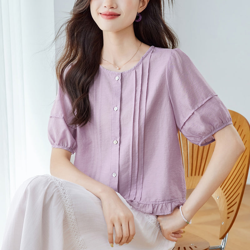 Summer Korean Fashion Short Sleeve Crew Neck Patchwork Lace Trim Shirt