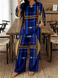 Women's Ethnic Retro Plus Size Long Sleeve V-Neck Printed Drapey Top Set 2026 - 1