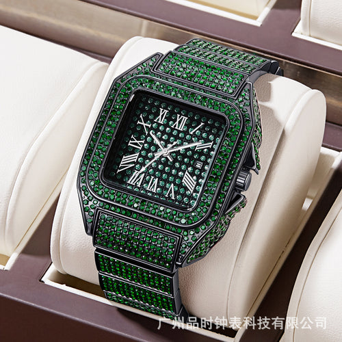Overseas Hot Sale Height Luxury Full Diamond Watch Men Square Colorful Crystal Hip-Hop Waterproof Stylish Quartz Watch Factory Wholesale