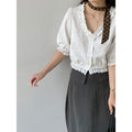 Summer Korean Elegant Lace Trim Fitted Cropped Shirt