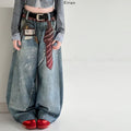 Girls' 3D Print Faux Layered Top Denim Wide-Leg Jeans Set
