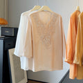 Summer Elegant Slimming 3/4 Sleeve V-Neck Beaded Heavy Shirt
