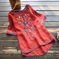 Women's Summer Ethnic Artistic Plus Size Linen Cotton Embroidered Short Sleeve Loose
