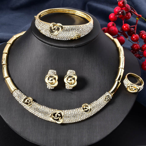Overseas Dubai Gold 18K Personality Design Gold Set Cubic Zirconia Necklace Bracelet Set Earrings Ring Banquet Accessory Set