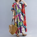 Women's Summer Vacation Minimal Plus Size Linen Cotton V-Neck Printed Loose Long Skir - Apricot