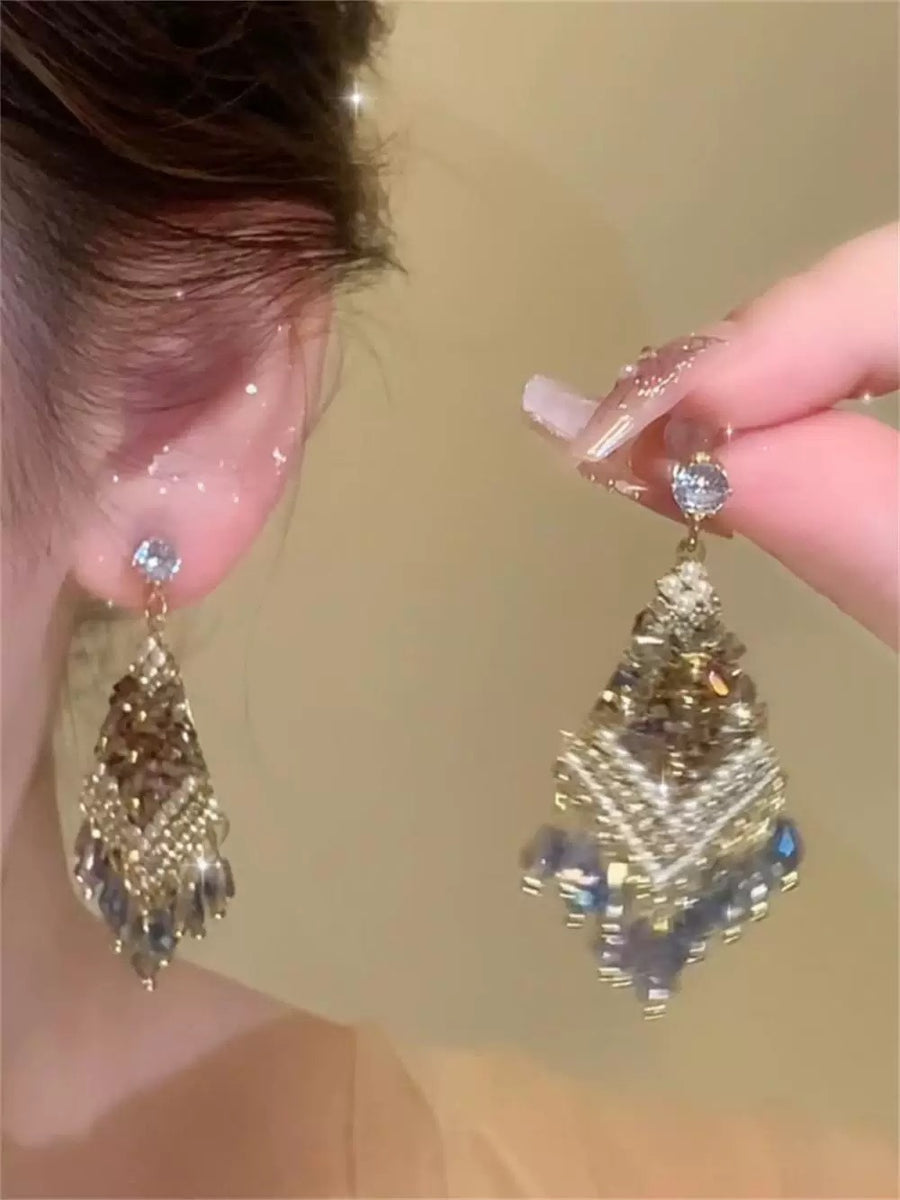 Crystal Flower Rhinestone Tassel Earrings - view 8
