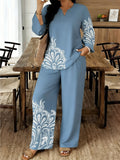 Women's Ethnic Retro Plus Size Long Sleeve V-Neck Printed Drapey Top Set 2026 - 1