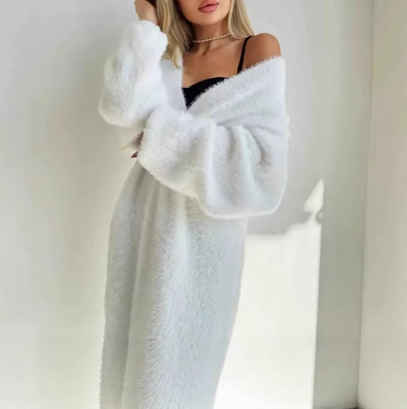 Women's Fall Relaxed Wool Loose Mid-Length Long Knit Top + Sweater + Cardigan + Jacke - White
