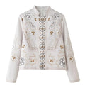 Women's Fashion Minimal Wool Stand Collar Printed Fitted Jacket 2026 - Off White