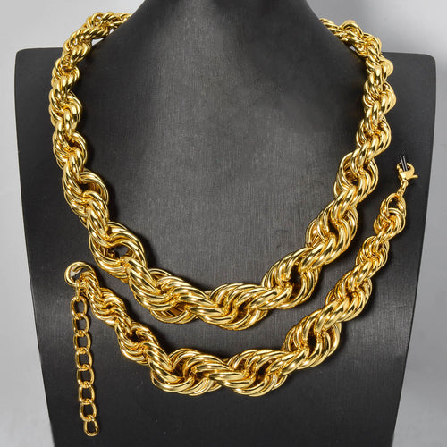 Overseas Dubai Accessory Gold Iron Gold Plated Twist Chunky Chain Necklace Bracelet Set 2-Piece Set Statement Hip-Hop Jewelry